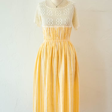 Vintage 1970s Creamsicle Striped Cotton & Crochet Sundress S/M