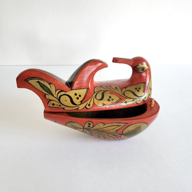 Vintage Russian Lacquer Bird Box, Hand Painted Lacquerware Trinket Box, Traditional Folk Art Decoration 