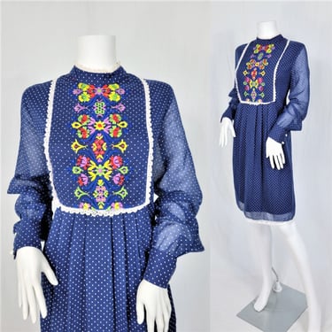 1970's Navy Blue Polka Dot Embroidered Floral Smock Peasant Dress I Sz Lrg I Chas E. Lewis 