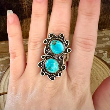 VINTAGE DOUBLE SPIRAL Sterling Silver Turquoise Ring | 1970s Large Statement Ring | 70s Native American Navajo Style Jewelry | Size 6 1/2 