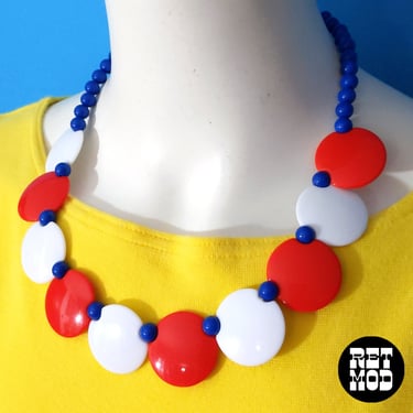 Fun Vintage Red White Blue Discs Statement Necklace 