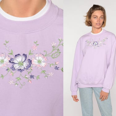 Embroidered Floral Sweatshirt 80s Sweater Lavender Purple Slouchy 1980s Pullover Vintage Cozy 90s Loungewear Large L 