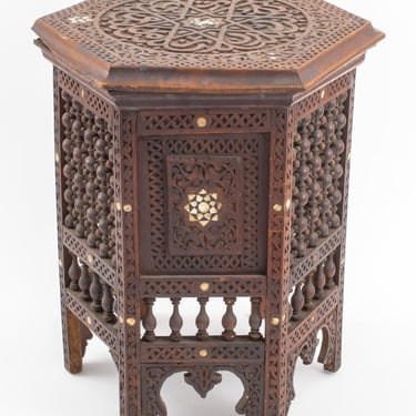 Moroccan Mother-of-Pearl Inlaid Carved Wood Table
