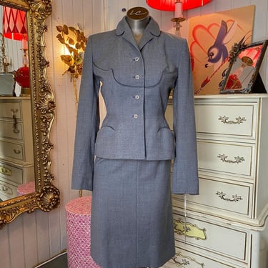 vintage 1940s gray wool fitted suit 40s 2 piece pencil skirt jacket x-small drum 