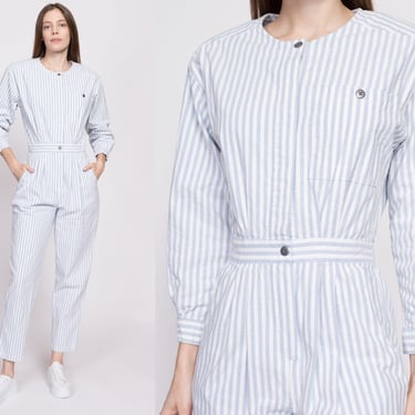 80s Eddie Bauer White & Blue Striped Jumpsuit - Petite Small | Vintage Cotton Fitted Waist Button Up Coveralls 