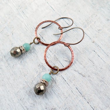 Amazonite and Pyrite Hoop Earrings, Beaded Jewelry, Boho Earrings, Festival Jewelry 