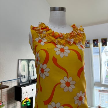 Vintage 60s Hostess Abstract Watercolor Floral Mini Dress Ruffled Neckline; 60s Chiffon Hostess Dress; 60s Yellow Daisy Scooter Dress S 