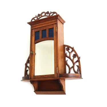 French Antique Art Nouveau Wall Cabinet / Medicine Cabinet Beveled Mirror Blue Glass Floral Carved Oak Apothecary Key Cabinet 1900- 1910 