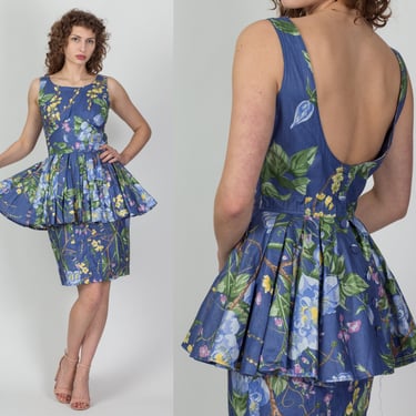 80s Karen Alexander Peplum Party Dress - Medium | Vintage Blue Floral Low Back Fitted Waist Sleeveless Midi Dress 