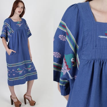 Royal Blue Guatemalan Tent Dress / Vintage Heavyweight Cotton Mexican Tucan Print / Rainbow Embroidered Woven Midi Dress With Pockets 