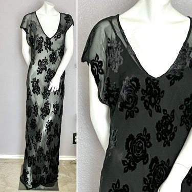 Sheer Maxi Dress, Optional Underslip, Goth Elegant Black Dress, Artsy Floral Design, Floor Length, Vintage 