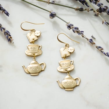 gold teapot earrings, cute cottagecore jewelry, delicate dainty vintage teacup charm earrings, unique gift for her 