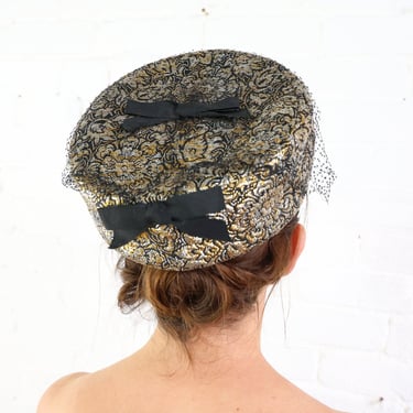 1960s Black &  Gold Metallic Hat | 60s Black Brocade Pillbox | Jackie O | 