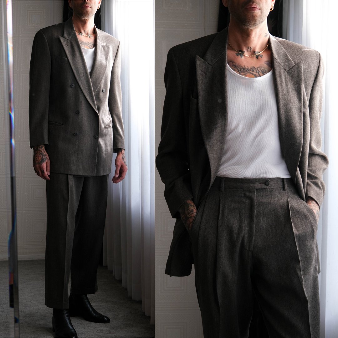 スーツ 90s 00s vintage wool double set up grey lg3x