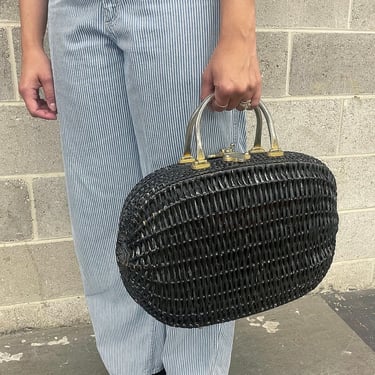 Vintage Straw Handbag Retro 1960s Koret + Woven + Black + Oval + Top Handle Bag + Basket Purse + Satchel + Made in Italy +  Womens Accessory 