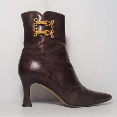 Women Bally Brown Leather Ankle Boots, 8N Women, High Heel Booties 