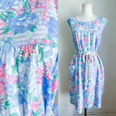 Vintage 1980s Deadstock Floral House Dress / XL (Blue Floral + Stripes) 