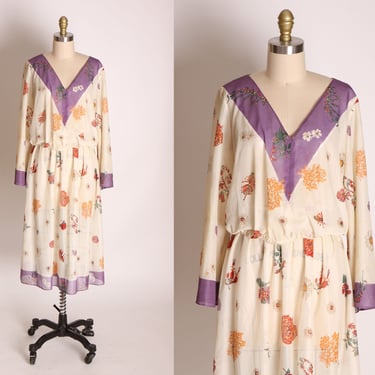 1970s Cream and Purple Sheer Floral Print Long Sleeve Blouse with Matching Skirt Outfit by David Barr -L 