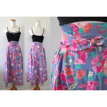 Vintage Laura Ashley Skirt - Floral Print Midi Skirt with Pockets - Smocked Elastic Waist - Size Medium 