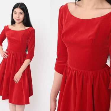 60s Red Velvet Dress -- 60s Party Dress Cocktail Dress 1960s 3/4 Sleeve Mini Evening High Waisted Fit and Flare Knee Length Extra Small xs 