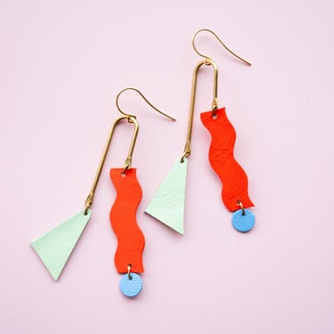 Reclaimed Leather Squiggle Mobile Geometric Earrings in Vivid Red, Blue + Mint Green 