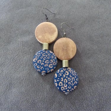 Large blue wooden and natural earrings 