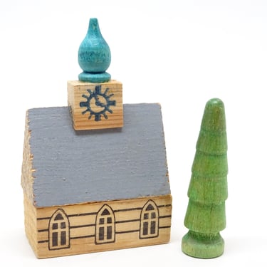 Vintage German Wooden Church House & Tree, Hand Made for Christmas Putz or Nativity,  Erzgebirge Made in Germany Democratic Republic 