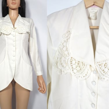 Vintage 80s Neo Victorian Ivory Doily Lace Collar Lightweight Cut Away Blazer Jacket Made In USA Size S 