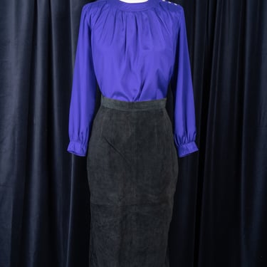Vintage 1980s Liz Claiborne Petites Violet-Purple Blouse with Gathered Neck and Shoulder Button Details 
