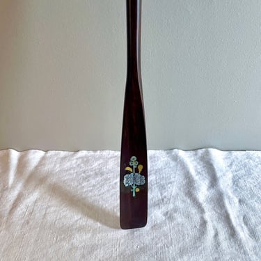 Long, Vintage Wood and Mother of Pearl, Brass and Abalone Inlay Shoe Horn Shoehorn - Spoon style, Dark Wood, 28 inches long 