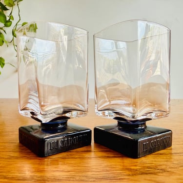 Retro Glassware Set - 1970s Disaronno Cocktail Glasses - Set of 2 With Square Shape, Black Embossed Base 