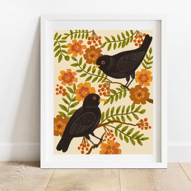 Blackbirds With Botanicals 8 X 10 Art Print/ Crows With Leaves Illustration/ Small Birds With Autumn Flowers Wall Decor/ Woodland Wall Art 