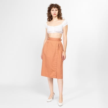 Small 80s Minimalist Apricot Midi Wrap Skirt | Vintage Orange High Waisted Light Academia Skirt 