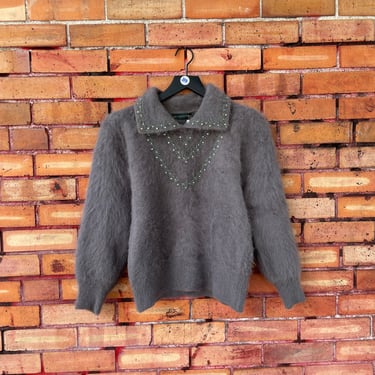 vintage 80s style grey angora lace detail sweater / s small 