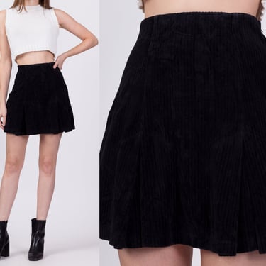 90s Black Velvet Corduroy Mini Skirt - Extra Small | Vintage Pleated Ribbed High Waisted A Line Miniskirt 