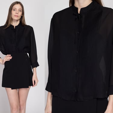 XL 70s Sheer Black Knife Pleat Blouse | Vintage Gothic 3/4 Sleeve Button Up Nehru Collar Top 