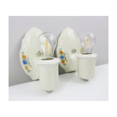 Refurbished Art Deco Wall Sconces for Bath - Pair - 1920's 1930's - Porcelier - Orange & Blue Floral  - Rewired for Hard Wire Use 