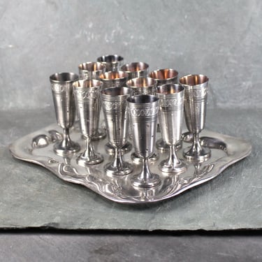 Art Deco Set of 12 Silver Aperitif Glasses on Matching Tray |  Vintage Silver Plate Shot Glasses | Vintage Barware | Bixley Shop 