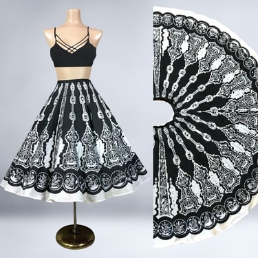 VINTAGE 90s Y2K Retro 50s Black and White Tribal Print Circle Skirt 28" Waist | 1990s Sequin Full Swing Mexican Skirt | VFG 