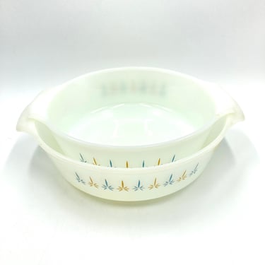 Anchor Hocking Fire King Round Casserole Dishes, Candle Glow Pattern, Gold Bue, Milk Glass, Atomic, Mid Century Bakeware, Ovenware 