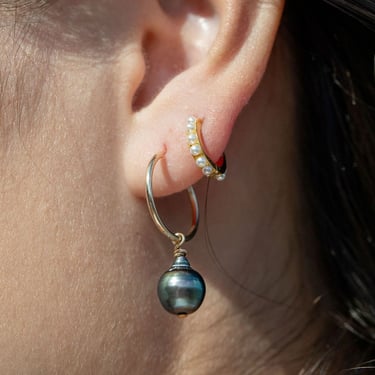 Thin Gold Filled Tahitian Pearl Hoop Earrings, Gold Hoop Earring, Pearl and Gold Hoop, Gold Filled Hoop Earring, Hawaii Hoop 