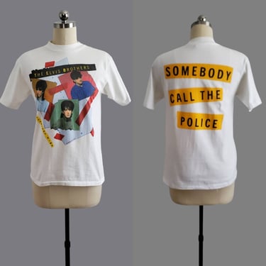 1980s Elvis Brothers Raglan T-shirt with Back Print:"Somebody Call the Police" - 80's Graphic Tee - 80s Band T-shirt Size Medium 