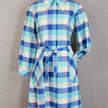 1960s 60s Cotton Gingham Shirtdress by Skimma - Blue and White Plaid - Picnic Plaid - Summer Dress 