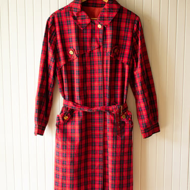 Vintage Red and Blue Tartan Trench Coat Medium
