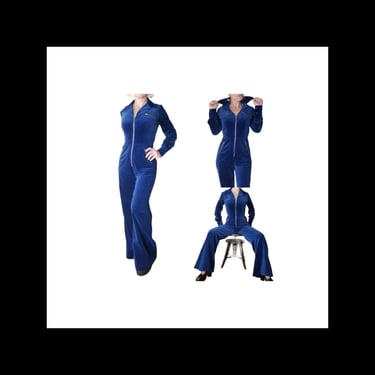 Vintage 1970s Blue Velvet Jumpsuit, Medium / Disco Era Wide Leg Jumpsuit / Royal Blue Zip Front Jumpsuit / Fitted 70s Disco Glam Pantsuit 