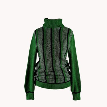 Trivilla 1970s Green Striped Polo Neck Jumper - Finnish Vintage - Size XS 