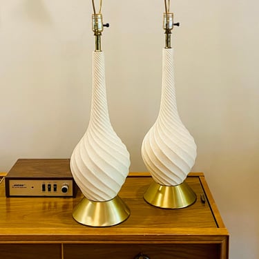 Mid Century Quartite Creative Corp Spiral Chalkware Table Lamps - a Pair 