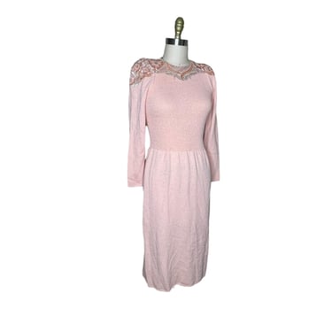 Vintage 80's Lillie Rubin Beaded Knit Pale Pink Blush Silk Midi Dress, size 8 approximately 