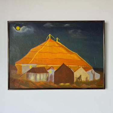 1940's Vintage Pura Arias Moonlight Circus Tent Oil on Canvas Painting, Framed 