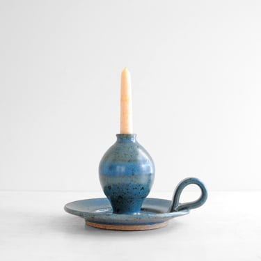 Vintage Blue Ceramic Candle Holder with Handle 